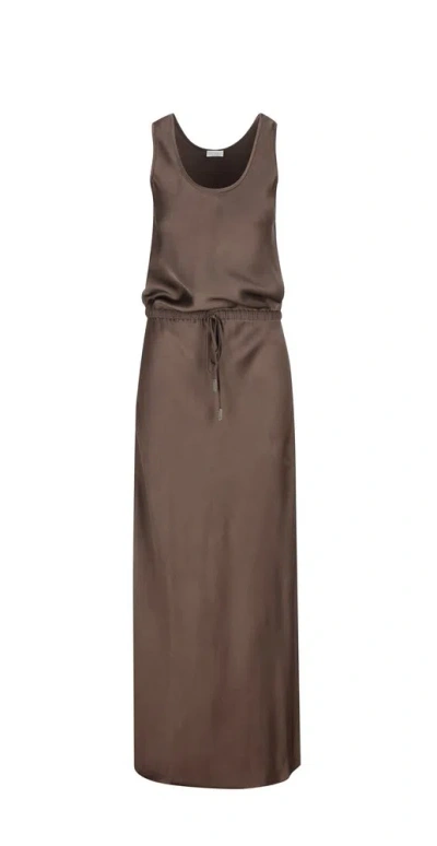 Brunello Cucinelli Satin Maxi Dress In Brown