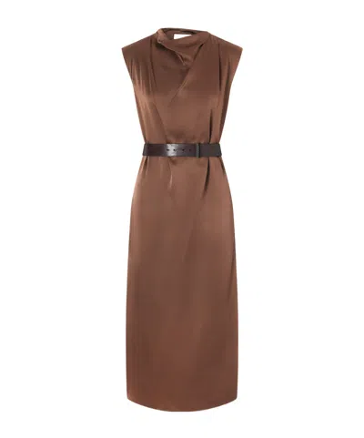 Brunello Cucinelli Belted Satin Midi Dress In Brown