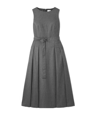 Brunello Cucinelli Belted Pleated Wool Midi Dress In Gray
