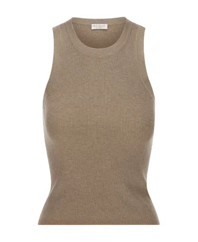 Brunello Cucinelli Sleeveless Elastic Vest In Brown