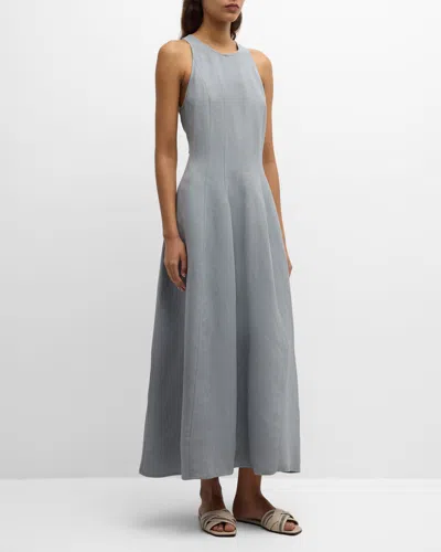 Brunello Cucinelli Sleeveless Fluid Linen Structured Midi Dress In Gray