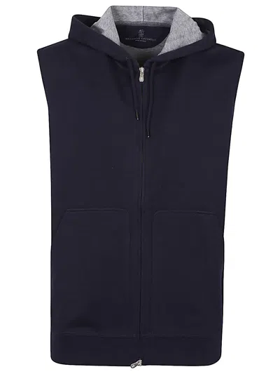 Brunello Cucinelli Men Sleeveless Hoodie In Blue