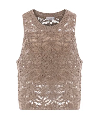 Brunello Cucinelli Sleeveless Knitted Vest In Brown