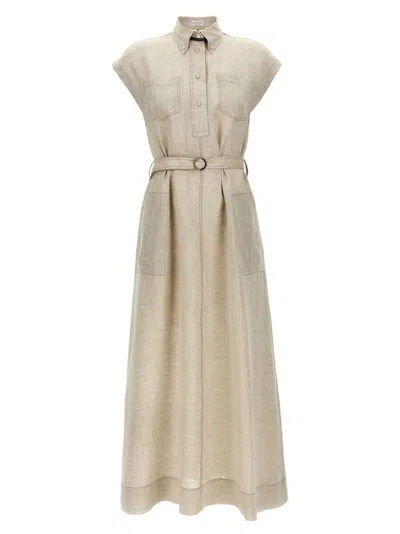 Brunello Cucinelli Sleeveless Linen Shirt-style Dress With Monile Detail