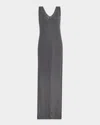 Brunello Cucinelli Sleeveless Linen Silk Paillette V Neck Maxi Dress In Cj079 Gray
