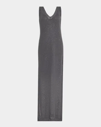 Brunello Cucinelli Sleeveless Linen Silk Paillette V Neck Maxi Dress In Cj079 Gray