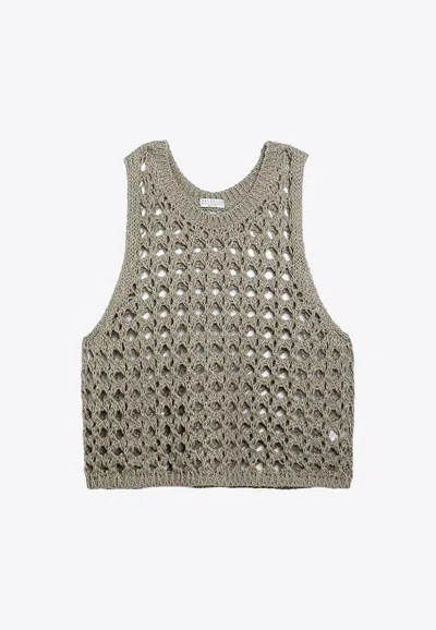 Brunello Cucinelli Dark Green Perforated Cotton-blend Tank Top Women In Gray