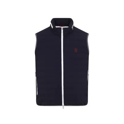 Brunello Cucinelli Sleeveless Nylon Down Jacket With Logo And Removable Hood In Navy