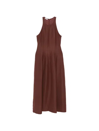 Brunello Cucinelli Linen Blend Halter Midi Dress Sleeveless In Brown