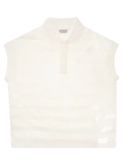 Brunello Cucinelli Kids' Sleeveless Polo Shirt With Dazzling Stripes In White