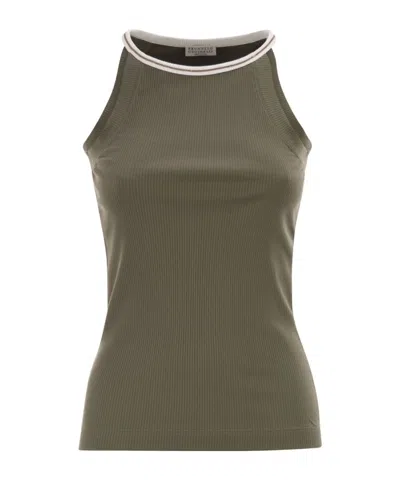 Brunello Cucinelli Women Sleeveless Ribbed Top In Stretch Cotton With Jewel Detail In Green