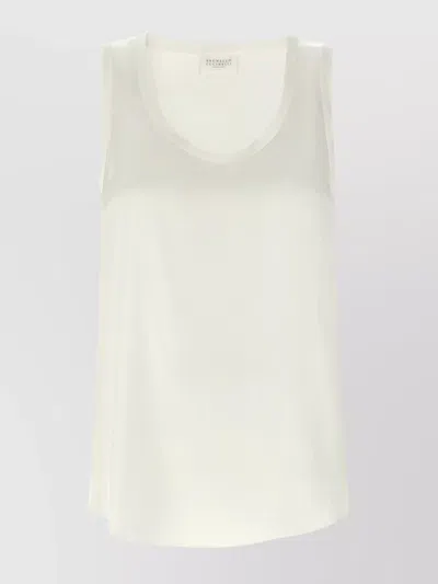 Brunello Cucinelli Sleeveless Round Neckline Lightweight Silk Top In White
