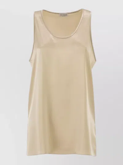 Brunello Cucinelli Sleeveless Scoop Neck Knit Top Satin Blend In Neutral