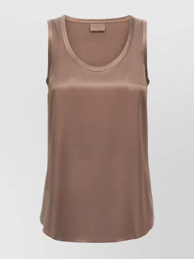 Brunello Cucinelli Sleeveless Scoop Neck Silk Top In Brown
