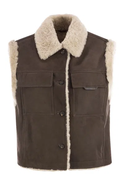 Brunello Cucinelli Sleeveless Shearling Outerwear In Brown