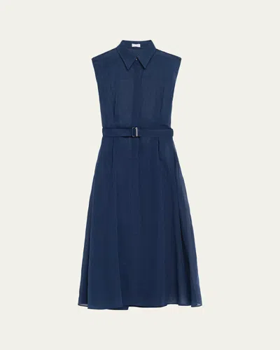 Brunello Cucinelli Sleeveless Sheer Cotton Organza Belted Midi Shirtdress In Blue