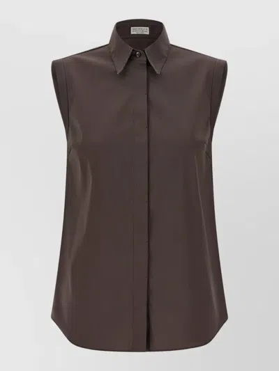 Brunello Cucinelli Sleeveless Shirt Featuring Pointed Collar Detail In Brown
