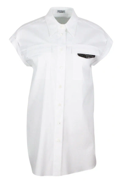 Brunello Cucinelli Sleeveless Shirt In Stretch Cotton With Front Pockets Embellished With Shiny Jewels In Bianco