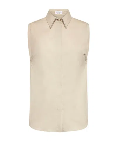 Brunello Cucinelli Beige Shiny Trim Poplin Shirt In Nude