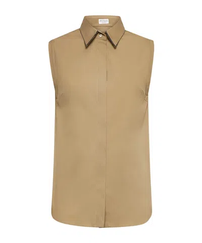 Brunello Cucinelli Green Shiny Trim Poplin Shirt In Beige