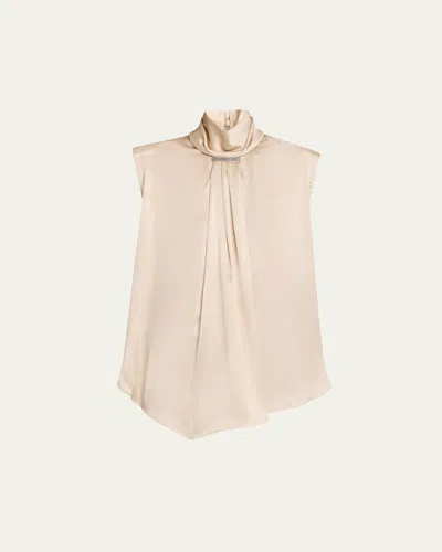 Brunello Cucinelli Sleeveless Silk Turtleneck Blouse W/ Monili In White