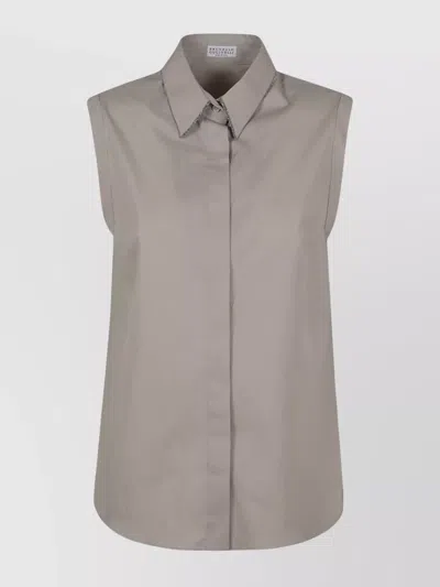 Brunello Cucinelli Sleeveless Stretch Cotton Poplin Shirt In Gray