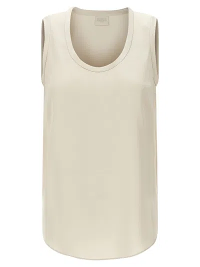 Brunello Cucinelli Sleeveless Stretch Silk Top With Round Neckline In White