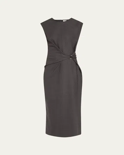Brunello Cucinelli Sleeveless Stretch Twill Wool Wrap Midi Dress In Gray