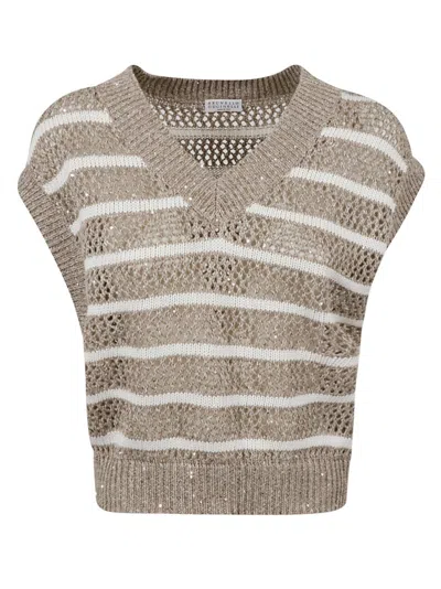 Brunello Cucinelli Sleeveless Striped Jacket With Embellished Details