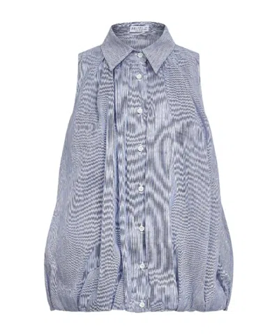 Brunello Cucinelli Striped Pleated Shirt In Blue