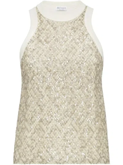 BRUNELLO CUCINELLI BRUNELLO CUCINELLI SLEEVELESS TOP WITH SEQUINED FRONT AND SOFT BACK