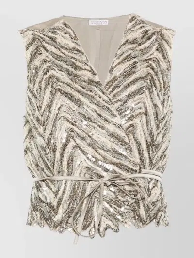 Brunello Cucinelli Sleeveless V Neck Cardigan Sequin Tie Waist In Multi