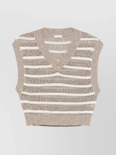Brunello Cucinelli Sleeveless V-neck Knit Top Stripes In Multi