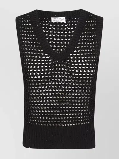 Brunello Cucinelli Sleeveless V Neck Knitwear With Ribbed Hem In Black