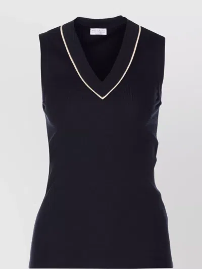 Brunello Cucinelli Sleeveless V-neck Ribbed Texture Tank Top In Black