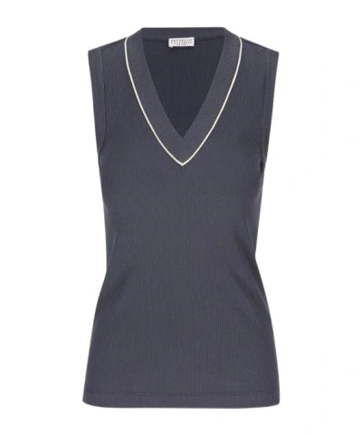 BRUNELLO CUCINELLI BRUNELLO CUCINELLI SHINY PIP RIBBED JERSEY TOP