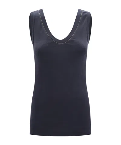 Brunello Cucinelli Bead-embellished Ribbed Cotton-blend Jersey Tank In Blue