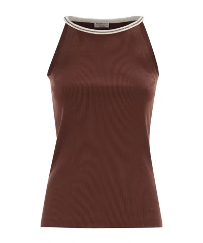 Brunello Cucinelli Women Sleeveless Ribbed Top In Stretch Cotton With Jewel Detail In Brown