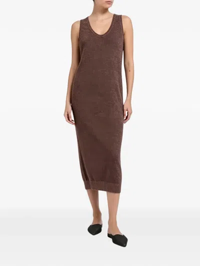 Brunello Cucinelli Sleeveless V-neck Midi Dress In Brown