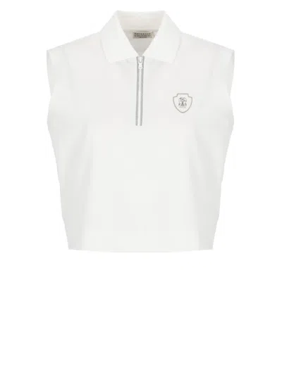 Brunello Cucinelli Sleeveless White Cotton Polo Shirt