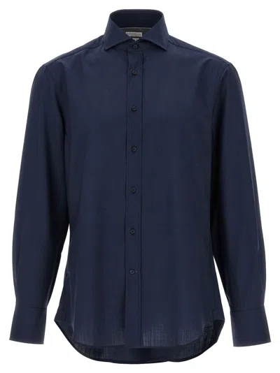 Brunello Cucinelli Slim Fit Virgin Wool Shirt In Blue