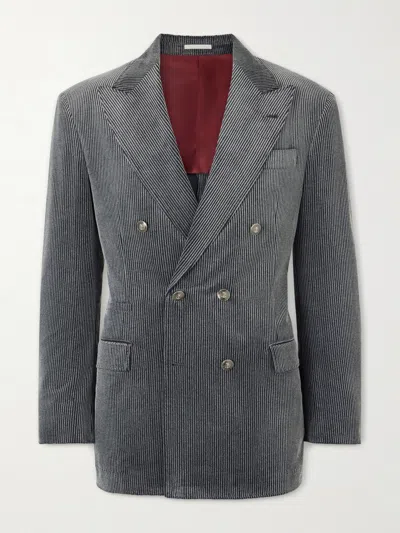Brunello Cucinelli Frosted Cotton Corduroy One-and-a-half Breasted Tailor Blazer With Metal Buttons In Green