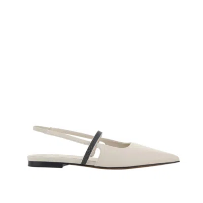 Brunello Cucinelli Leather Slingback Ballet Flats In White