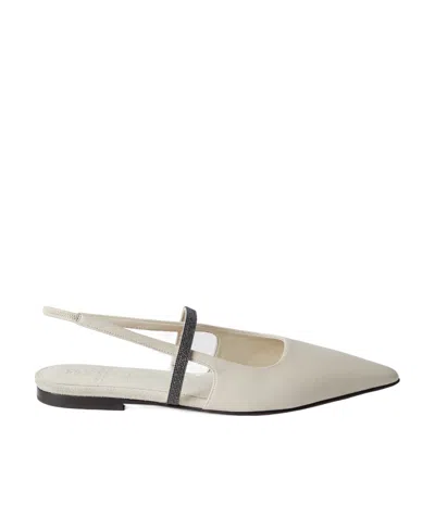 Brunello Cucinelli Slingback Leather Ballerina Pumps In White