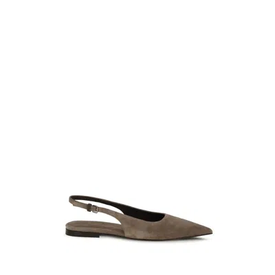 Brunello Cucinelli Slingback Suede Flat In Brown