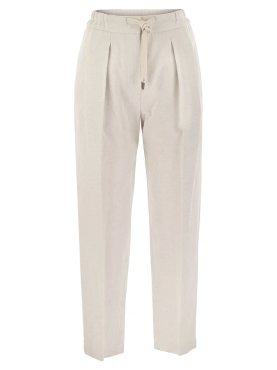 Brunello Cucinelli Slouchy Trousers In Cotton Gabardine And Linen In Chalk