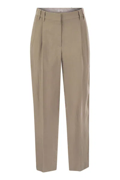 Brunello Cucinelli Slouchy Trousers In Viscose And Linen Fluid Twill With Moniline In Beige