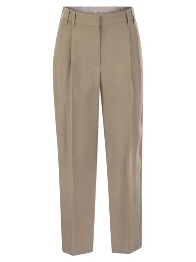 BRUNELLO CUCINELLI SLOUCHY TROUSERS IN VISCOSE AND LINEN FLUID TWILL WITH MONILINE