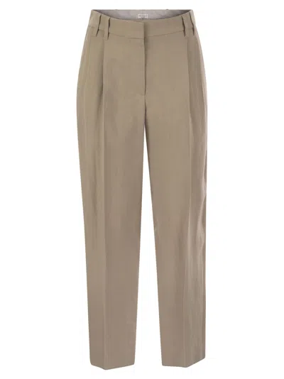Brunello Cucinelli Slouchy Trousers In Viscose And Linen Fluid Twill With Moniline In Gray