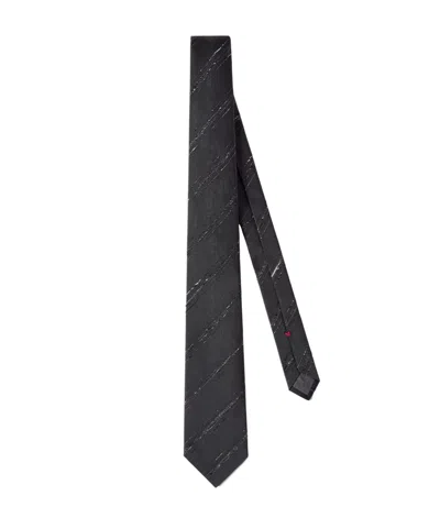 Brunello Cucinelli Slubbed Stripes Silk And Cotton Tie In Gray
